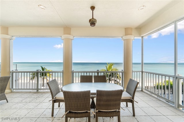 interior space with a water view