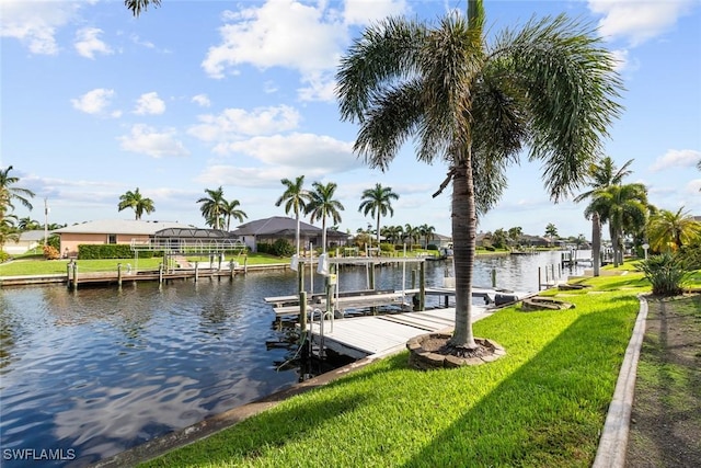 dock area with a yard and a water view