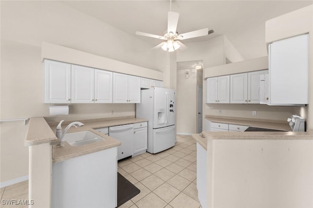 kitchen featuring white cabinets, white appliances, and kitchen peninsula