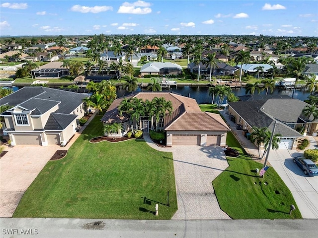 aerial view featuring a water view