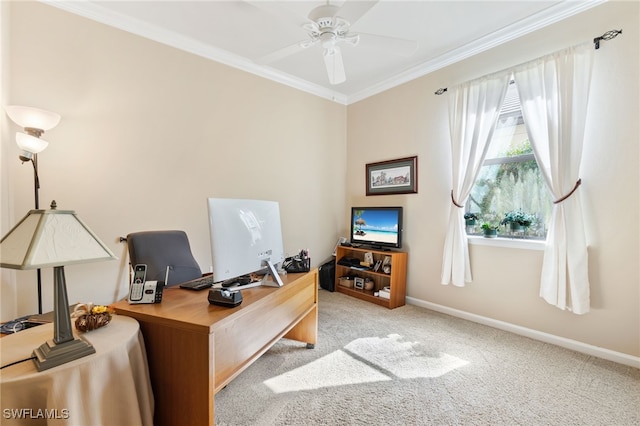 office area featuring crown molding, light colored carpet, and ceiling fan