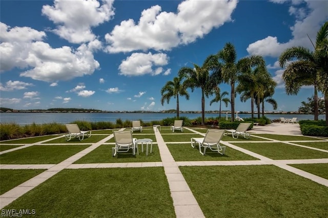 view of community with a yard and a water view