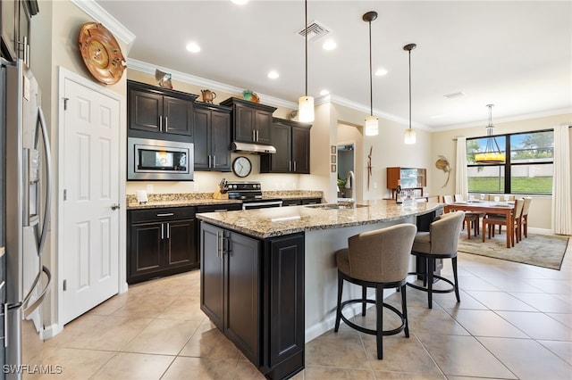 kitchen with crown molding, an island with sink, sink, light stone countertops, and appliances with stainless steel finishes