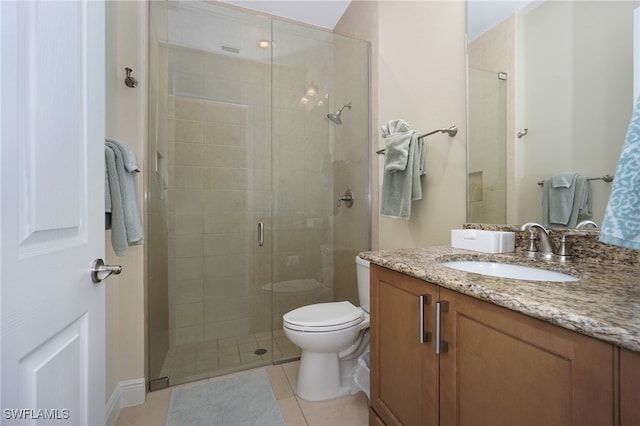 bathroom with walk in shower, vanity, toilet, and tile patterned floors