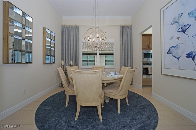 tiled dining room with ornamental molding and a chandelier