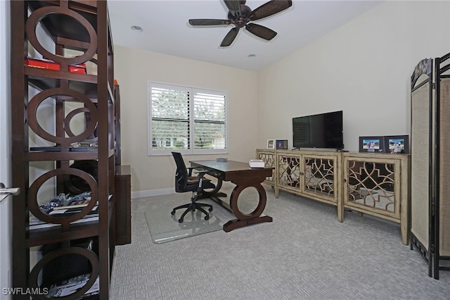 office featuring ceiling fan and carpet