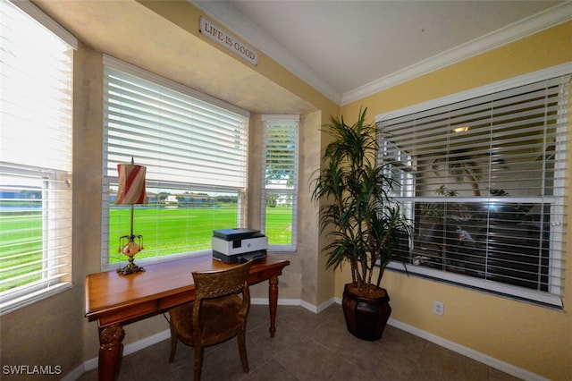 tiled office space with a wealth of natural light and crown molding