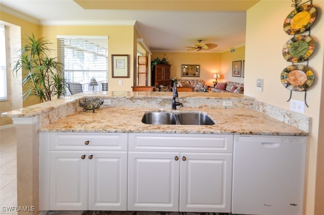 kitchen featuring kitchen peninsula, dishwasher, white cabinets, ceiling fan, and sink