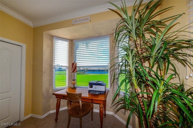 office featuring ornamental molding and tile patterned flooring