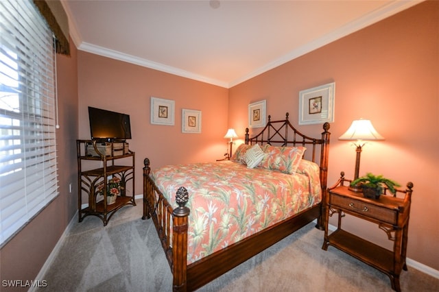 bedroom with light carpet and crown molding