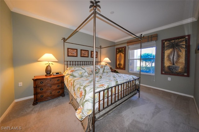 bedroom with ornamental molding and carpet