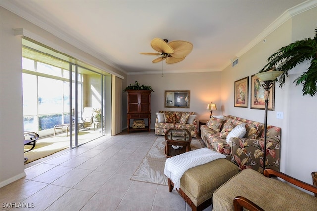 tiled living room featuring crown molding and ceiling fan