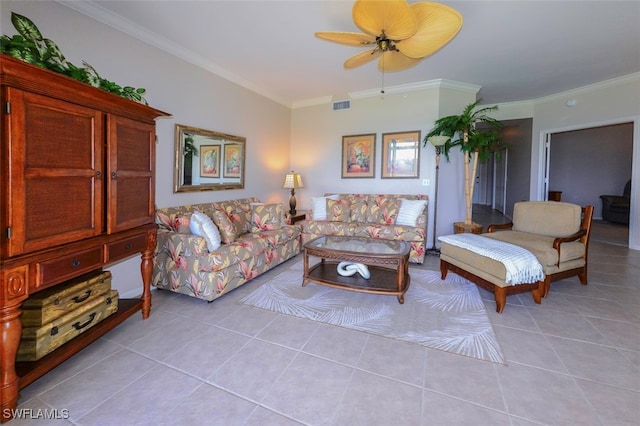 tiled living room featuring ornamental molding and ceiling fan