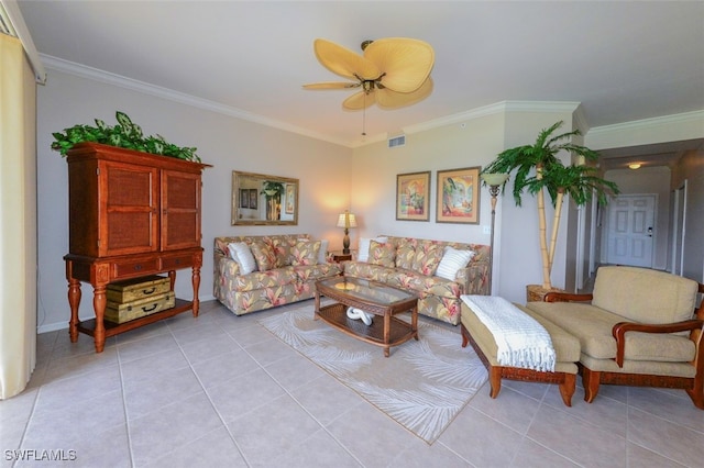 tiled living room featuring ornamental molding and ceiling fan