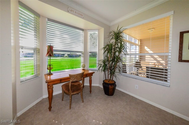 office featuring crown molding, plenty of natural light, and light tile patterned floors