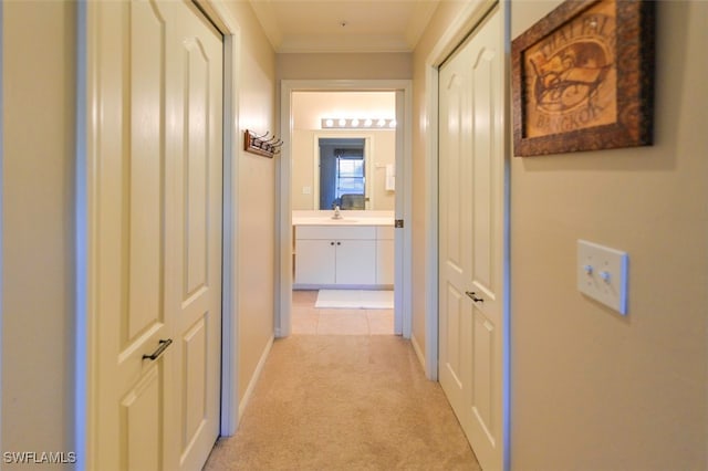 corridor with crown molding, sink, and light carpet