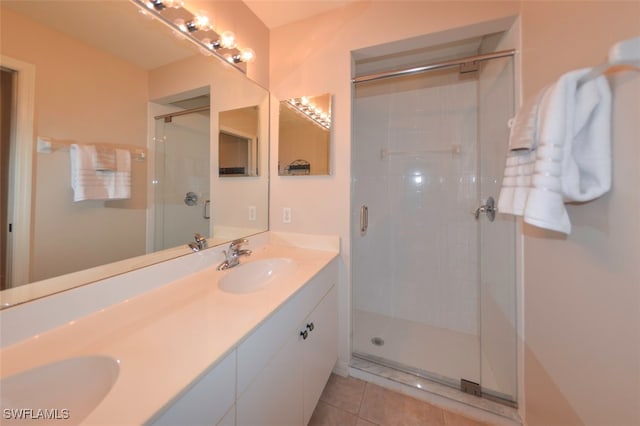 bathroom featuring tile patterned flooring, vanity, and a shower with shower door