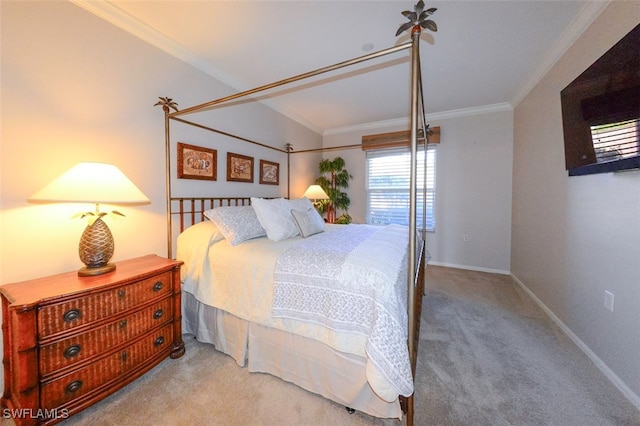 bedroom with crown molding and carpet flooring