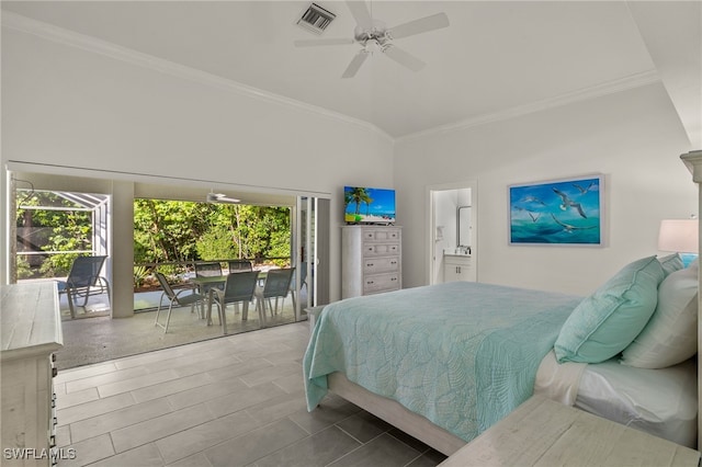 bedroom with visible vents, ceiling fan, ornamental molding, access to exterior, and connected bathroom