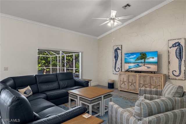 living room with visible vents, ceiling fan, crown molding, and lofted ceiling