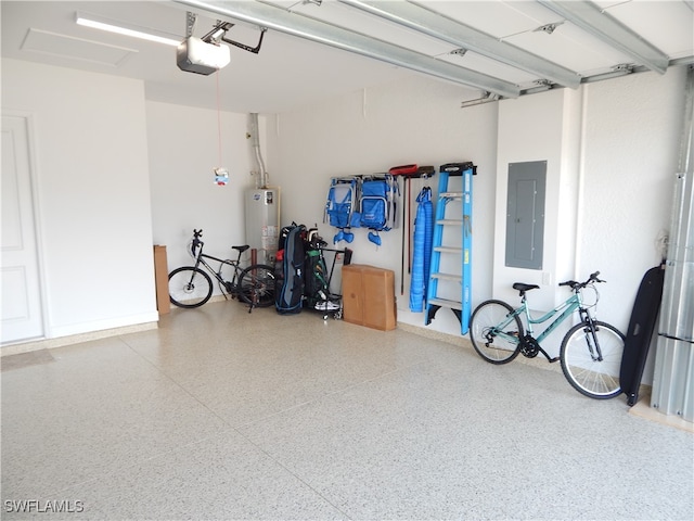 garage with gas water heater, a garage door opener, and electric panel