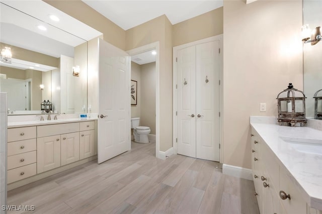 bathroom featuring vanity, toilet, and wood-type flooring