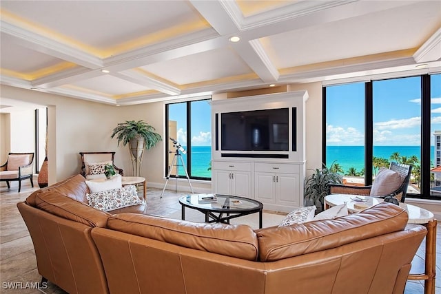 living area with ornamental molding, coffered ceiling, and beam ceiling