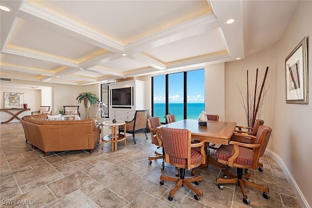 dining area featuring recessed lighting, coffered ceiling, baseboards, beam ceiling, and stone finish flooring