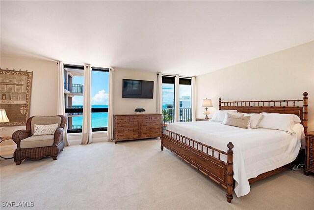 carpeted bedroom with a wall of windows and access to exterior