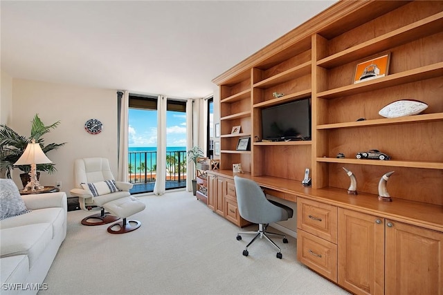 office with floor to ceiling windows, light colored carpet, and built in study area