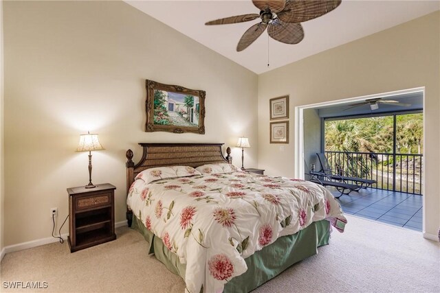 bedroom featuring light carpet, ceiling fan, access to outside, and vaulted ceiling