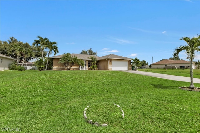 ranch-style home with a front lawn and a garage