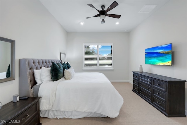 bedroom with light carpet, visible vents, baseboards, ceiling fan, and recessed lighting