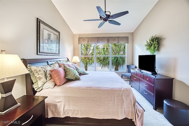 carpeted bedroom with ceiling fan, lofted ceiling, and access to outside