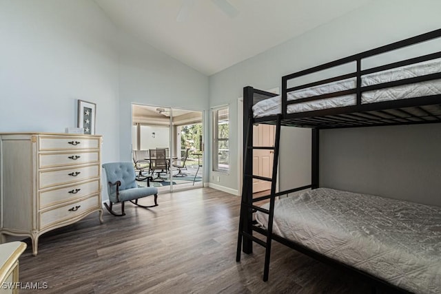 25202 Golf Lake Cir, Bonita Springs, FL 34135 - unfurnished bedroom featuring high vaulted ceiling, baseboards, dark wood-type flooring, access to outside, and ceiling fan
