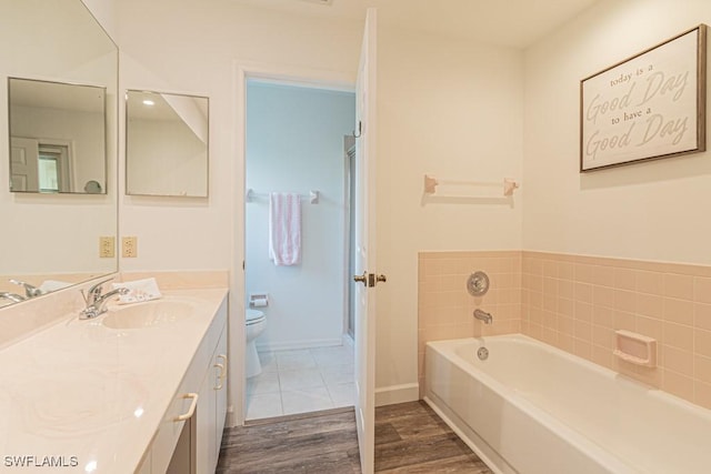25202 Golf Lake Cir, Bonita Springs, FL 34135 - bathroom featuring toilet, wood finished floors, vanity, a stall shower, and a garden tub