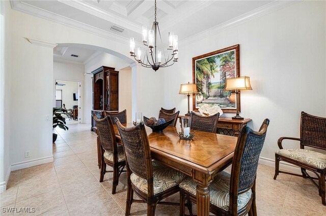 dining space with coffered ceiling, a chandelier, beamed ceiling, light tile patterned floors, and ornamental molding