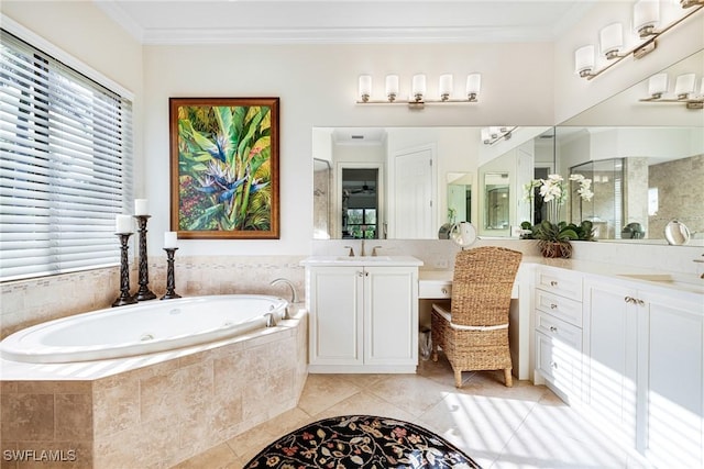 bathroom with tile patterned flooring, ornamental molding, tiled tub, and vanity