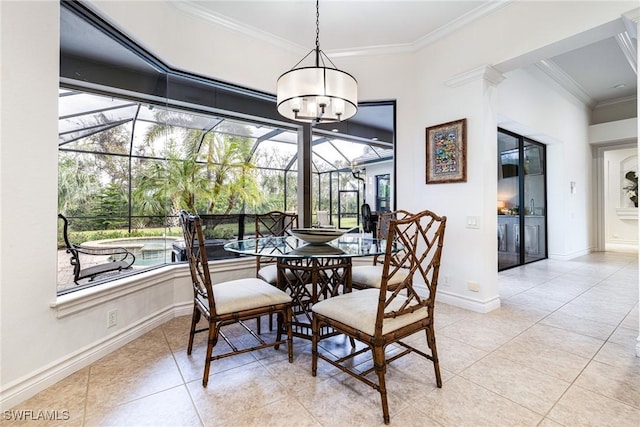 dining room featuring ornamental molding, light tile patterned flooring, a sunroom, and baseboards