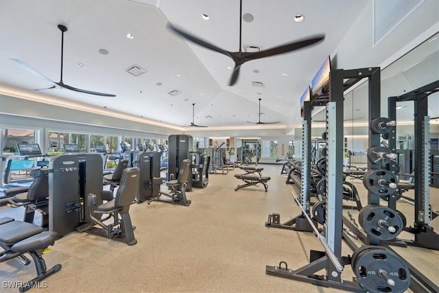 workout area with visible vents, vaulted ceiling, and a ceiling fan