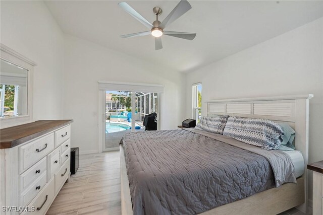 bedroom with lofted ceiling, access to outside, ceiling fan, and light hardwood / wood-style floors