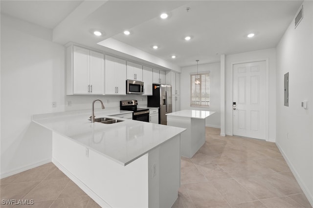 kitchen featuring sink, kitchen peninsula, decorative light fixtures, white cabinets, and appliances with stainless steel finishes