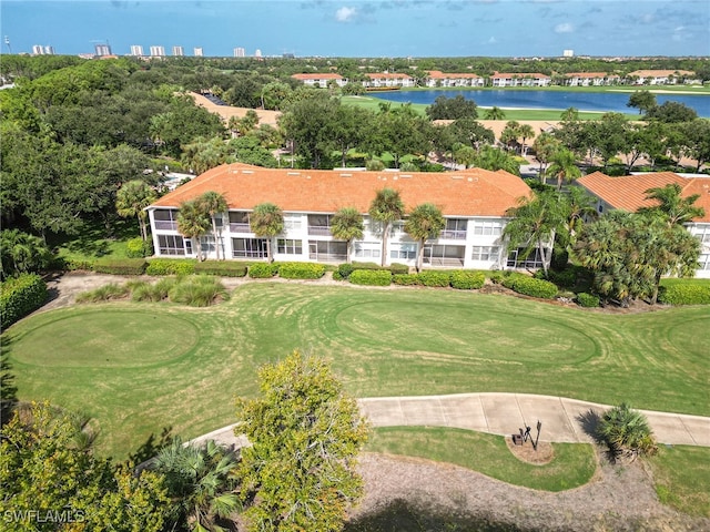 drone / aerial view featuring a water view