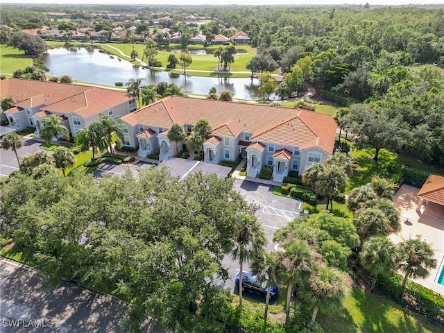 aerial view featuring a water view