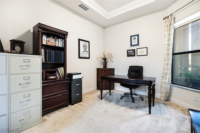 carpeted office featuring ornamental molding and a raised ceiling