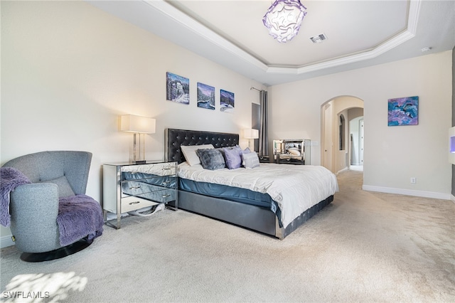 bedroom featuring carpet and a tray ceiling