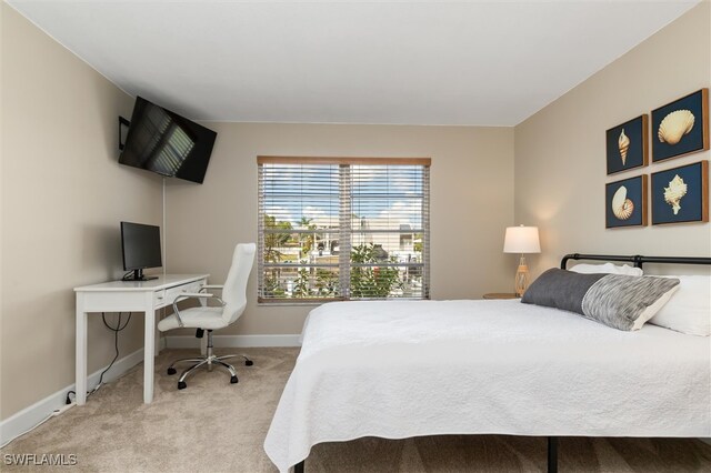 bedroom with light colored carpet