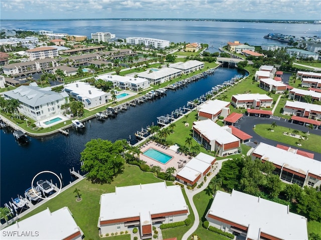 drone / aerial view featuring a water view