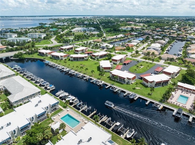 aerial view featuring a water view