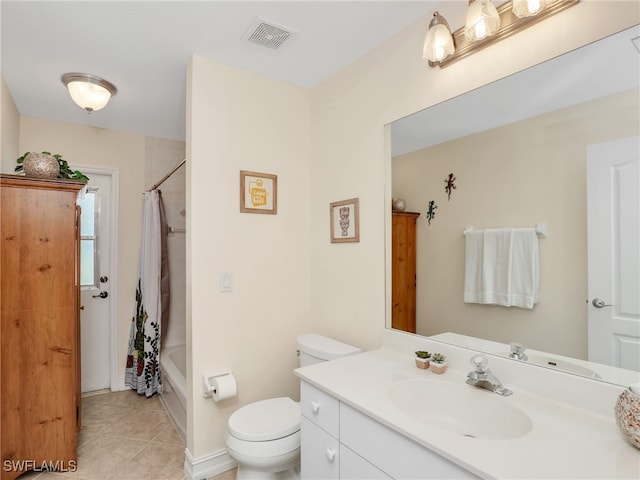 full bathroom featuring vanity, toilet, shower / bath combination with curtain, and tile patterned floors